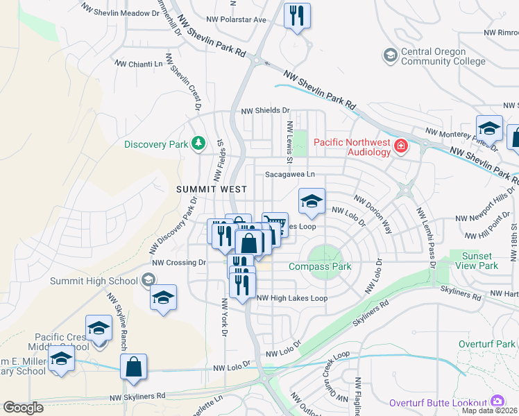 map of restaurants, bars, coffee shops, grocery stores, and more near 1231 Northwest John Fremont Street in Bend