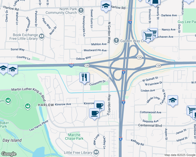 map of restaurants, bars, coffee shops, grocery stores, and more near 156 Commons Drive in Eugene