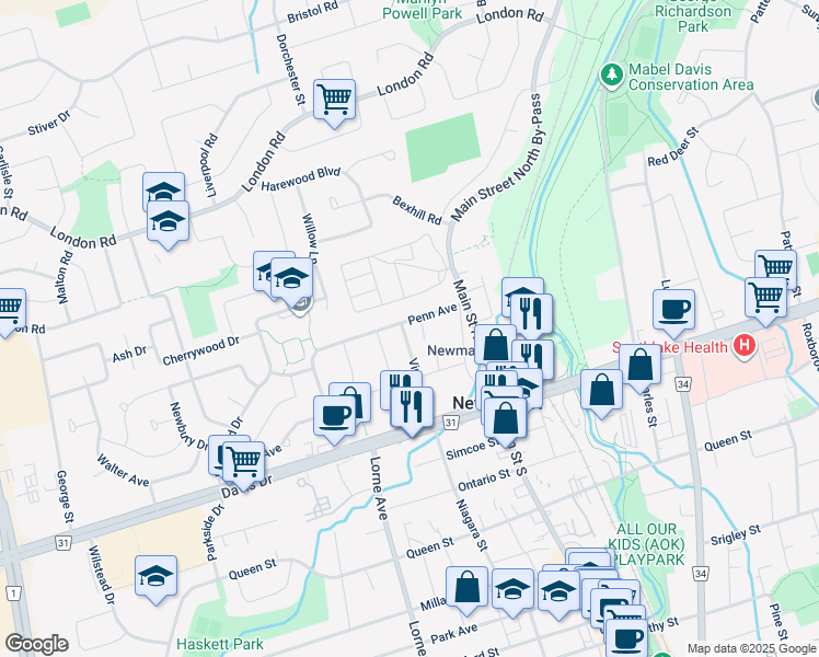 map of restaurants, bars, coffee shops, grocery stores, and more near in Newmarket