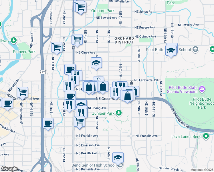 map of restaurants, bars, coffee shops, grocery stores, and more near 1111 Northeast 6th Street in Bend