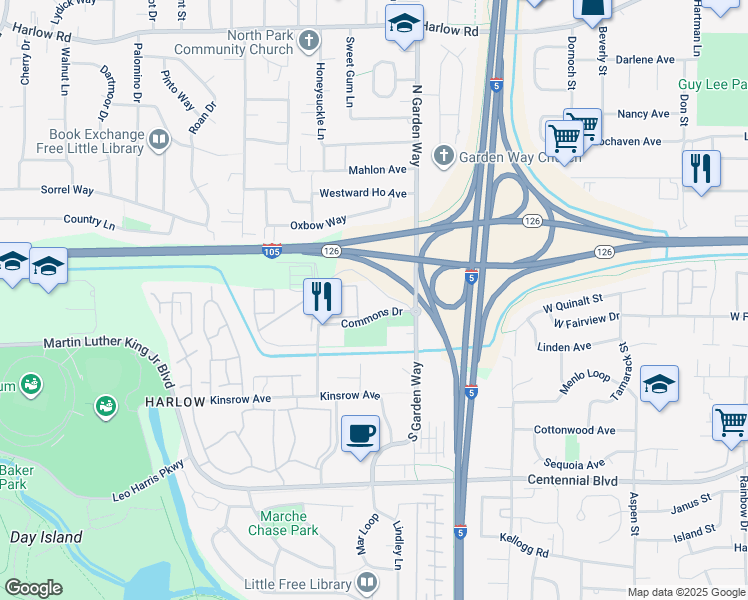map of restaurants, bars, coffee shops, grocery stores, and more near 156 Commons Drive in Eugene