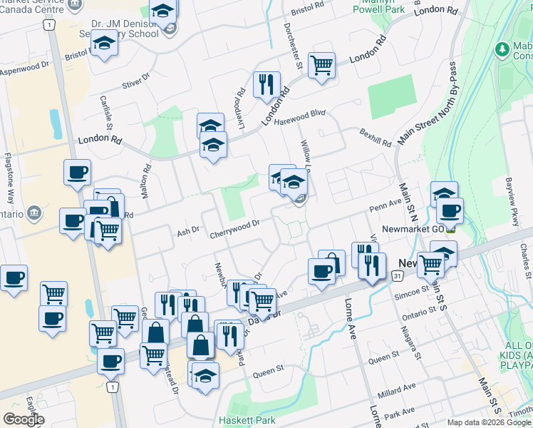 map of restaurants, bars, coffee shops, grocery stores, and more near 116 Longford Drive in Newmarket