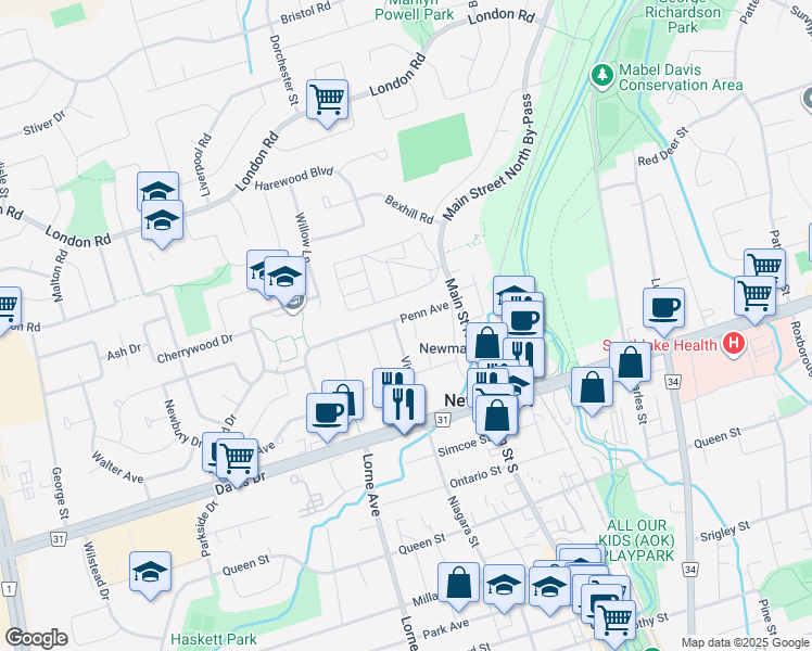 map of restaurants, bars, coffee shops, grocery stores, and more near 366 Penn Avenue in Newmarket