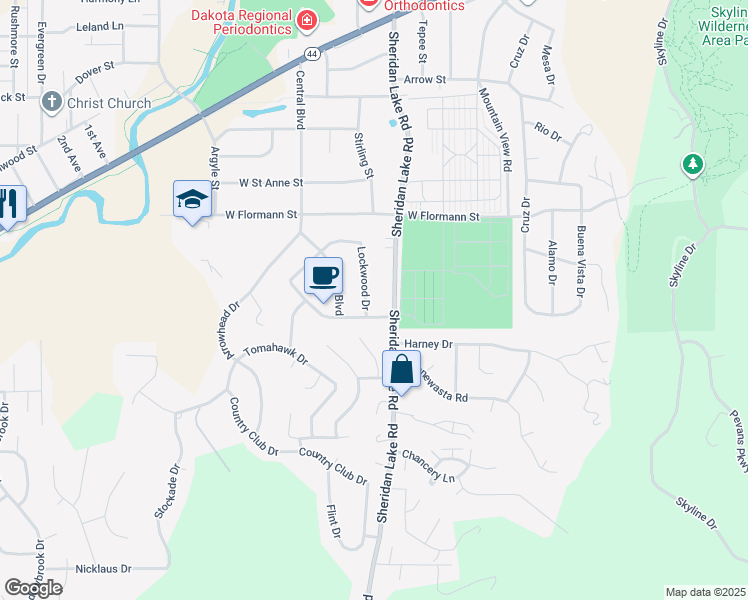 map of restaurants, bars, coffee shops, grocery stores, and more near 2422 Lockwood Drive in Rapid City