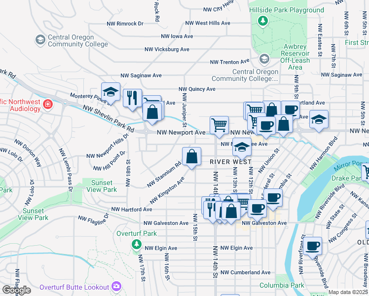 map of restaurants, bars, coffee shops, grocery stores, and more near 1267 Northwest Stannium Road in Bend