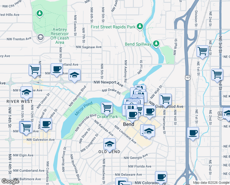 map of restaurants, bars, coffee shops, grocery stores, and more near 105 Northwest Drake Road in Bend