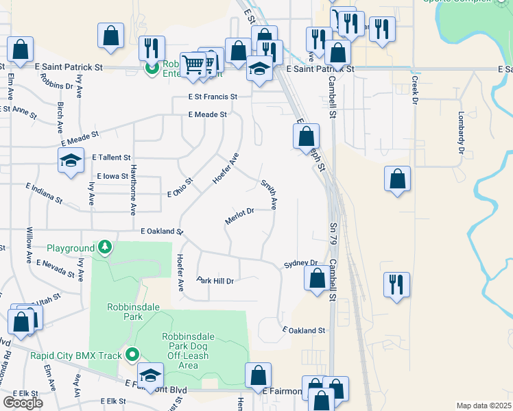 map of restaurants, bars, coffee shops, grocery stores, and more near 2443 Merlot Drive in Rapid City