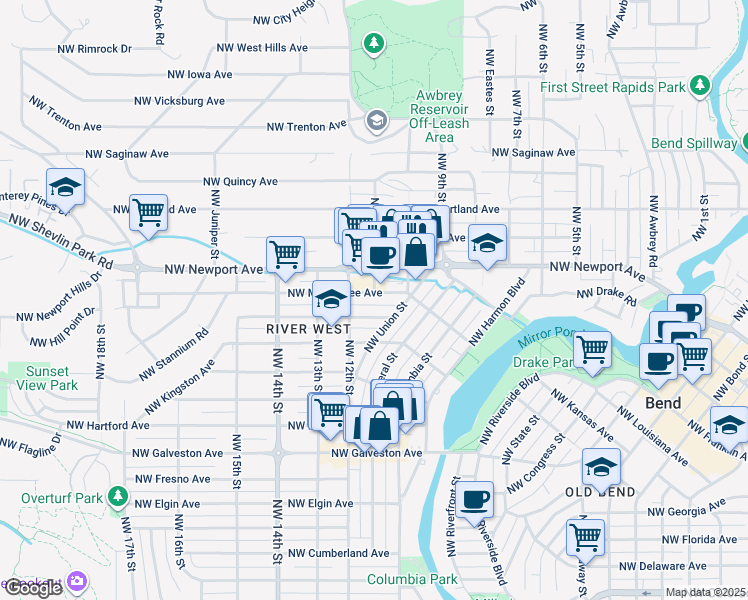 map of restaurants, bars, coffee shops, grocery stores, and more near 1030 Northwest Lexington Avenue in Bend