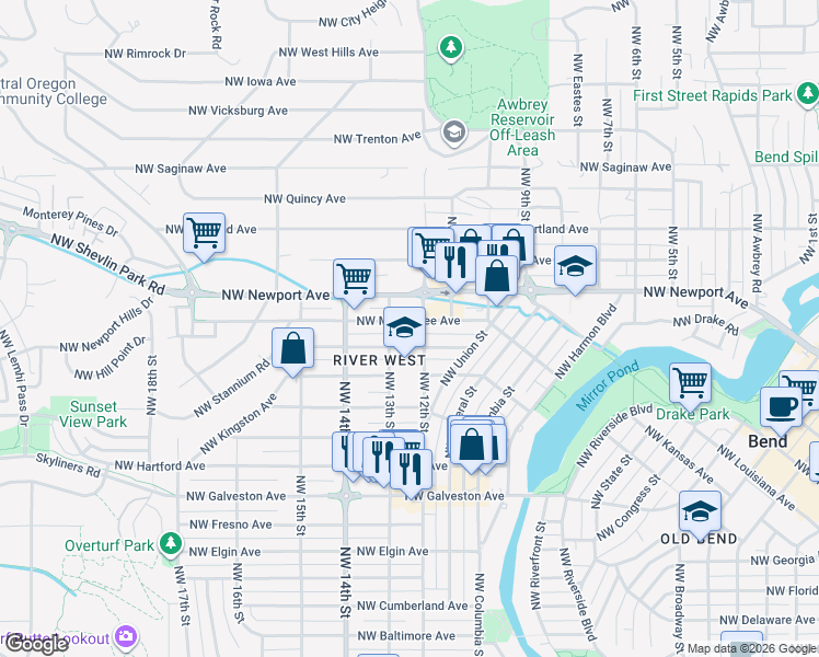map of restaurants, bars, coffee shops, grocery stores, and more near 1206 Northwest Lexington Avenue in Bend