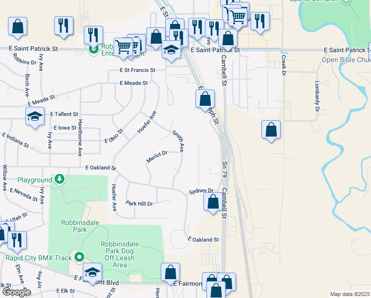 map of restaurants, bars, coffee shops, grocery stores, and more near 2436 Smith Avenue in Rapid City