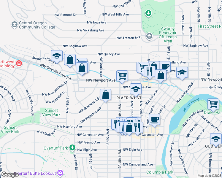 map of restaurants, bars, coffee shops, grocery stores, and more near 1459 Northwest Milwaukee Avenue in Bend
