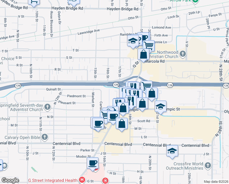 map of restaurants, bars, coffee shops, grocery stores, and more near 1720 17th Street in Springfield