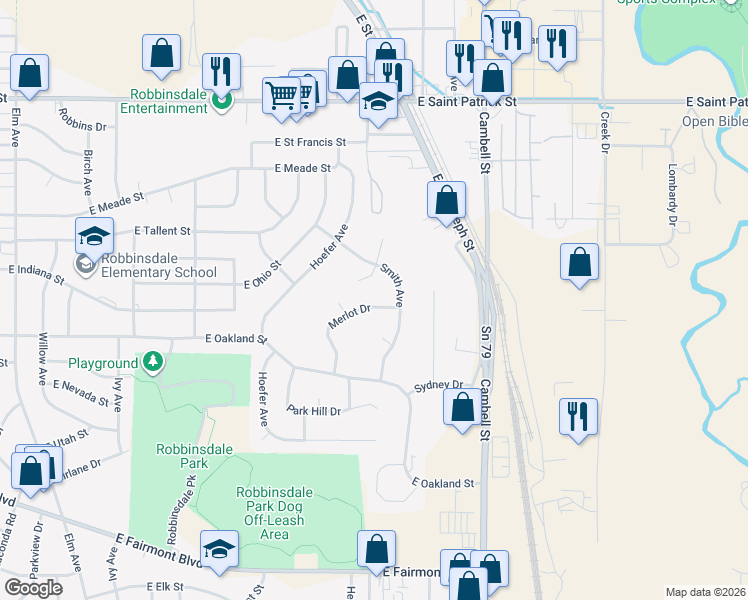 map of restaurants, bars, coffee shops, grocery stores, and more near 2454 Merlot Drive in Rapid City