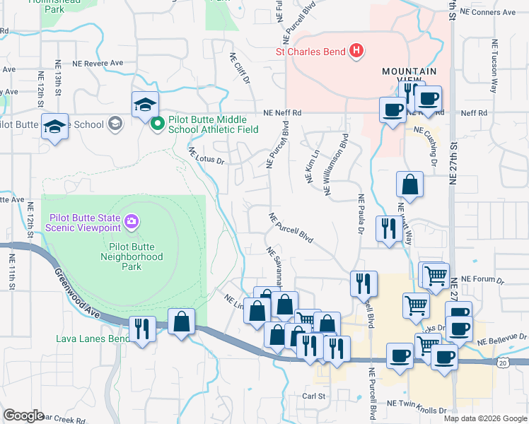 map of restaurants, bars, coffee shops, grocery stores, and more near 1085 Northeast Purcell Boulevard in Bend