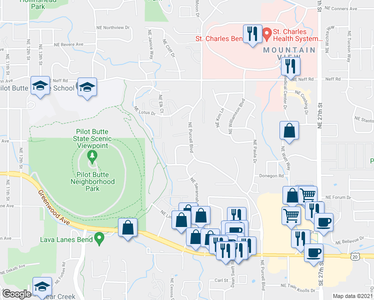 map of restaurants, bars, coffee shops, grocery stores, and more near 1085 Northeast Purcell Boulevard in Bend