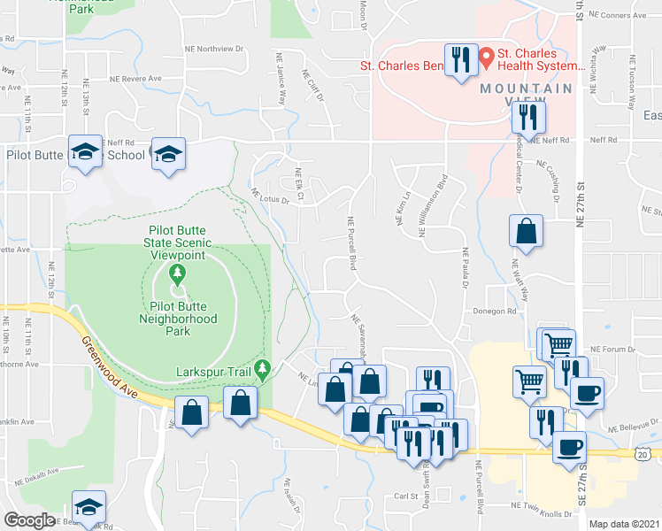 map of restaurants, bars, coffee shops, grocery stores, and more near 1932 Northeast Sams Loop in Bend