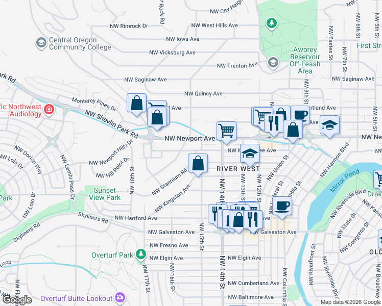map of restaurants, bars, coffee shops, grocery stores, and more near 1205 Northwest Stannium Road in Bend