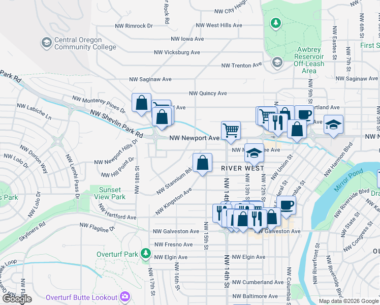 map of restaurants, bars, coffee shops, grocery stores, and more near 1205 Northwest Stannium Road in Bend