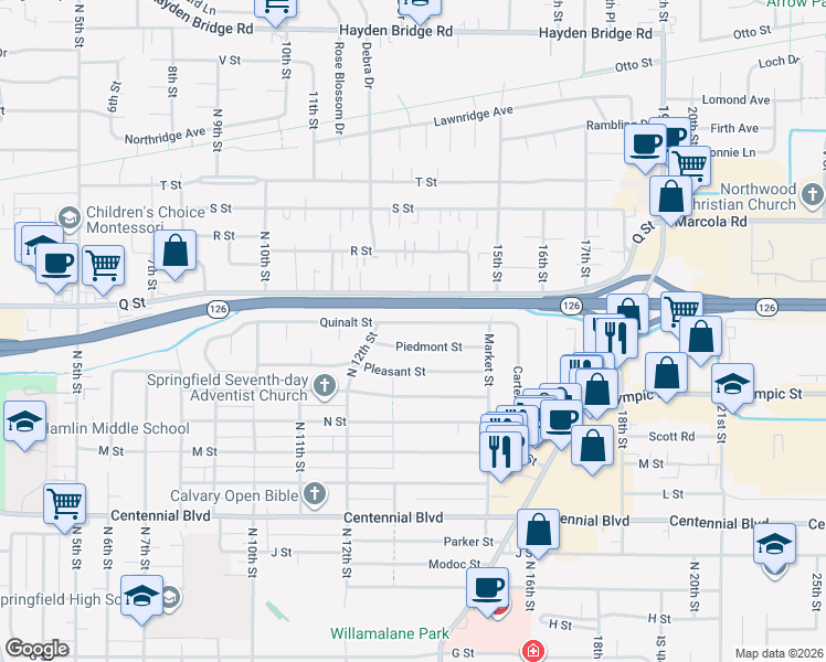 map of restaurants, bars, coffee shops, grocery stores, and more near 1354 Piedmont Street in Springfield