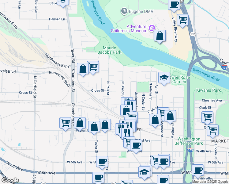 map of restaurants, bars, coffee shops, grocery stores, and more near 80 North Grand Street in Eugene