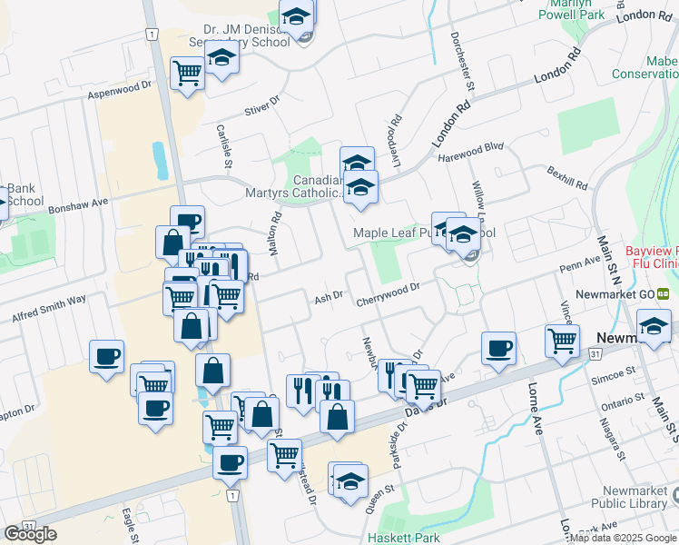 map of restaurants, bars, coffee shops, grocery stores, and more near in Newmarket