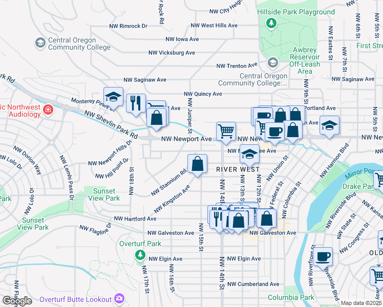 map of restaurants, bars, coffee shops, grocery stores, and more near 1287 Northwest Stannium Road in Bend