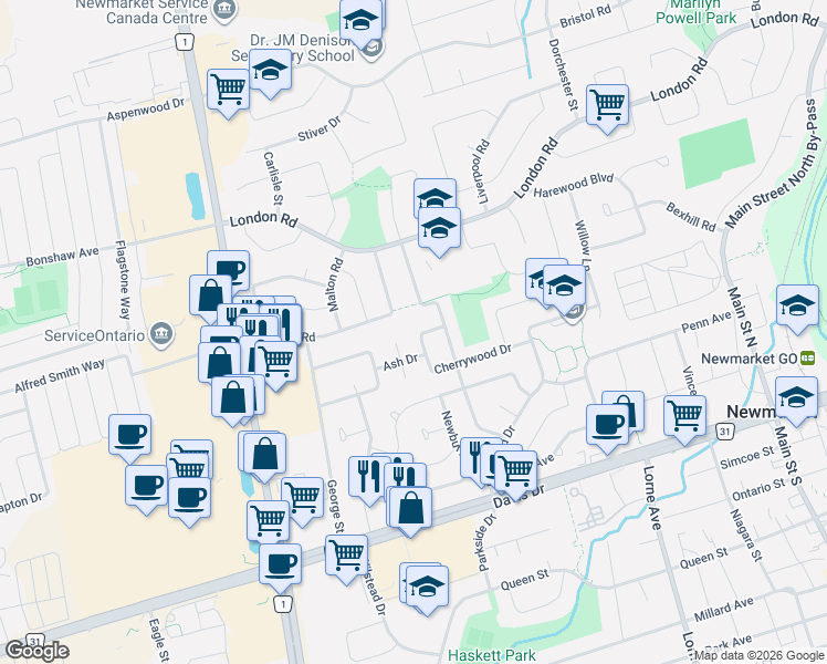map of restaurants, bars, coffee shops, grocery stores, and more near 116 Cherrywood Drive in Newmarket