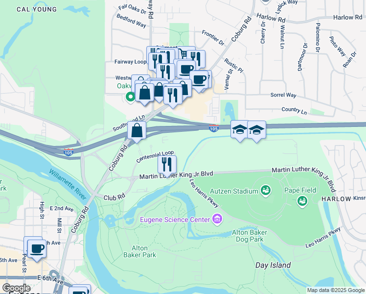 map of restaurants, bars, coffee shops, grocery stores, and more near 87 Centennial Loop in Eugene