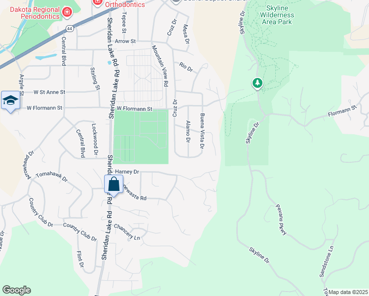 map of restaurants, bars, coffee shops, grocery stores, and more near 2526 Cruz Drive in Rapid City