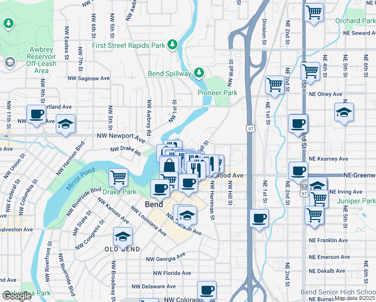 map of restaurants, bars, coffee shops, grocery stores, and more near 1133 Northwest Wall Street in Bend
