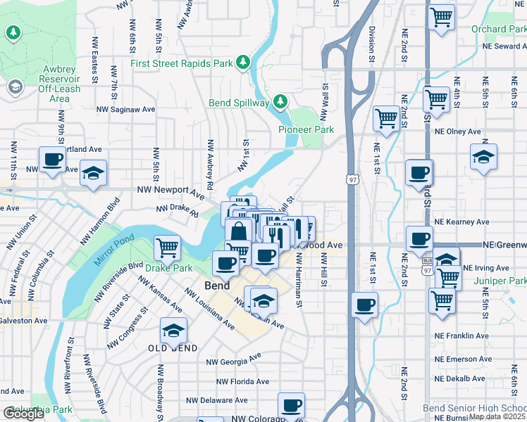 map of restaurants, bars, coffee shops, grocery stores, and more near 106 Northwest Newport Avenue in Bend