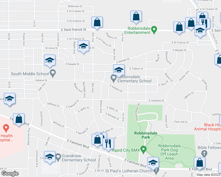 map of restaurants, bars, coffee shops, grocery stores, and more near 2402 Laurel Avenue in Rapid City