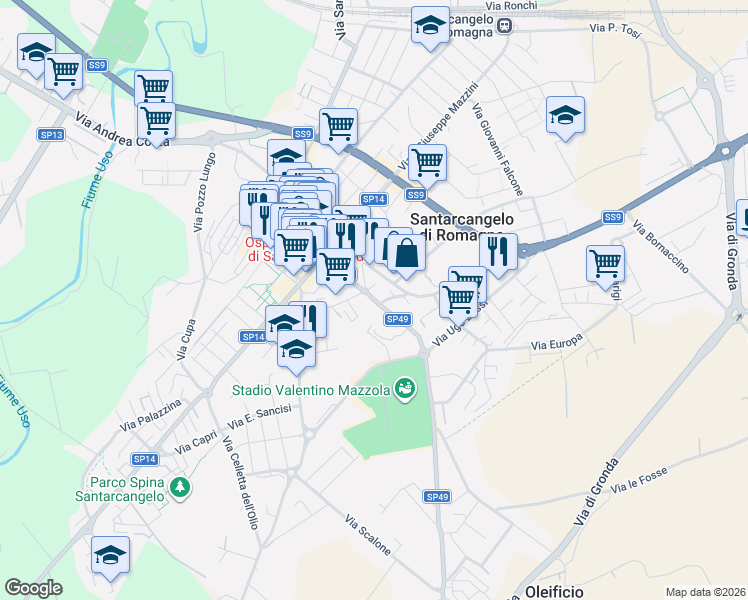 map of restaurants, bars, coffee shops, grocery stores, and more near 26 Via Dante di Nanni in Santarcangelo di Romagna