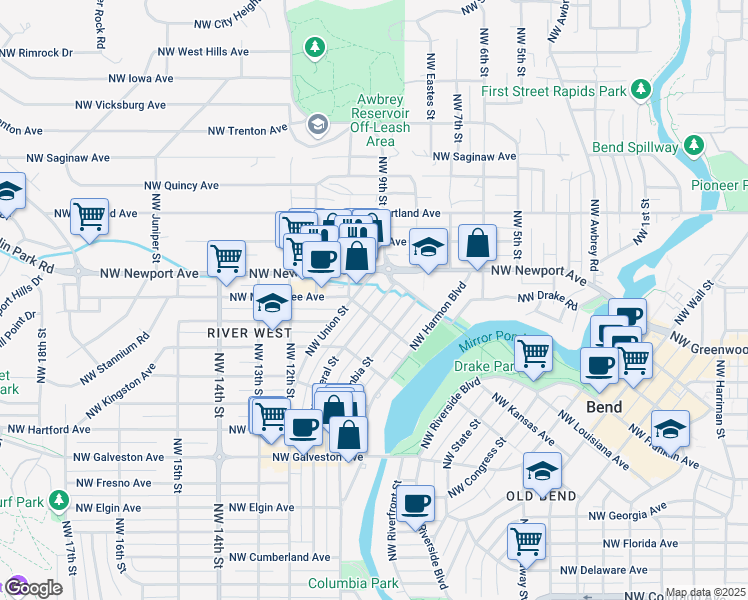 map of restaurants, bars, coffee shops, grocery stores, and more near 1325 Northwest Federal Street in Bend