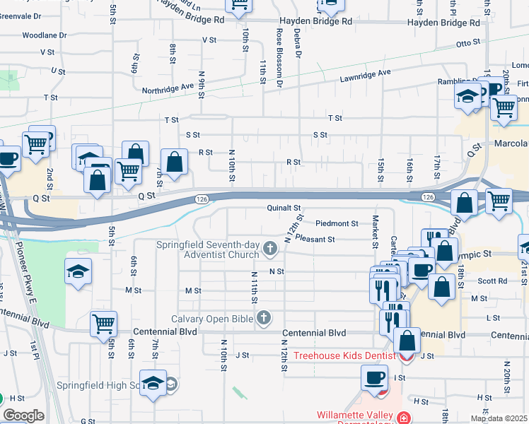 map of restaurants, bars, coffee shops, grocery stores, and more near 1107 Quinalt Street in Springfield