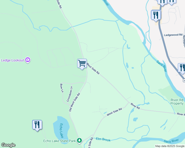 map of restaurants, bars, coffee shops, grocery stores, and more near 77 Old West Side Road in Conway