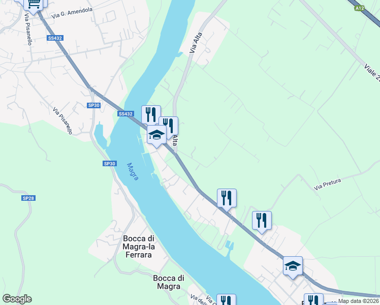 map of restaurants, bars, coffee shops, grocery stores, and more near 4 Via Margubbio in Ameglia