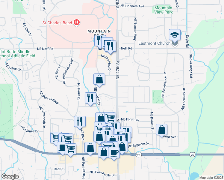 map of restaurants, bars, coffee shops, grocery stores, and more near in Bend