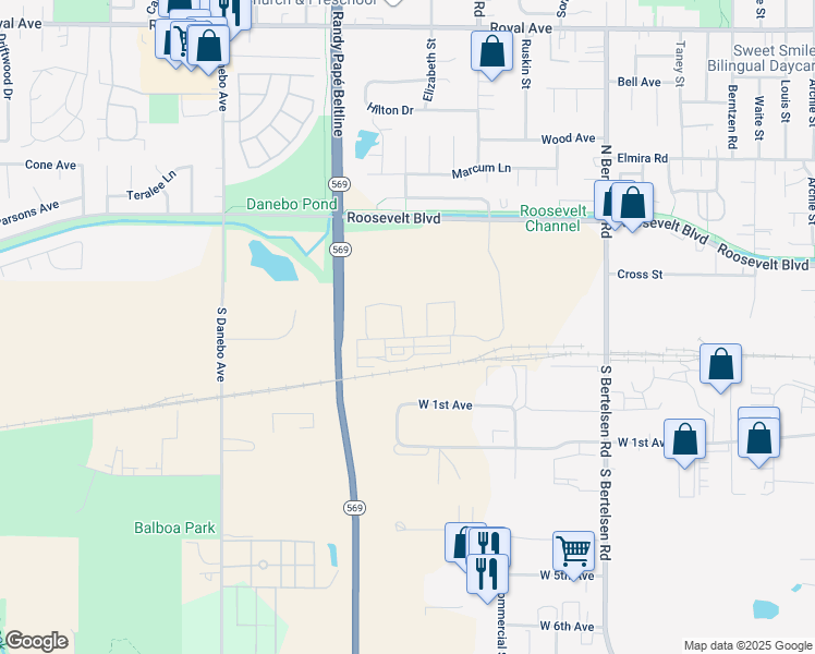 map of restaurants, bars, coffee shops, grocery stores, and more near Fergus Ave in Eugene