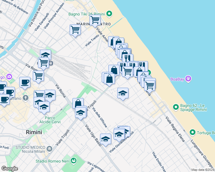 map of restaurants, bars, coffee shops, grocery stores, and more near 191 Viale Tripoli in Rimini