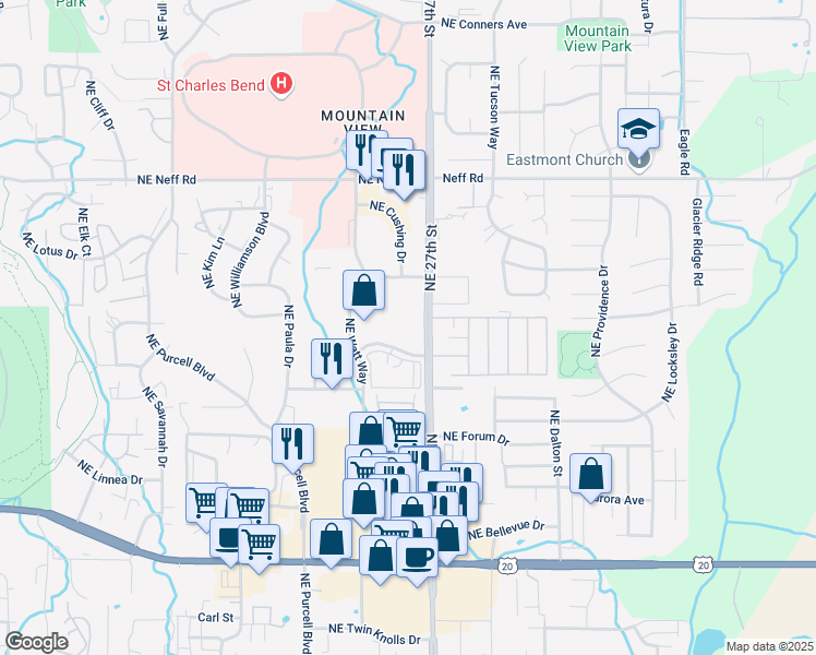 map of restaurants, bars, coffee shops, grocery stores, and more near 2660 Northeast Mary Rose Place in Bend