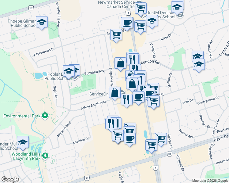 map of restaurants, bars, coffee shops, grocery stores, and more near 217 Flagstone Way in Newmarket