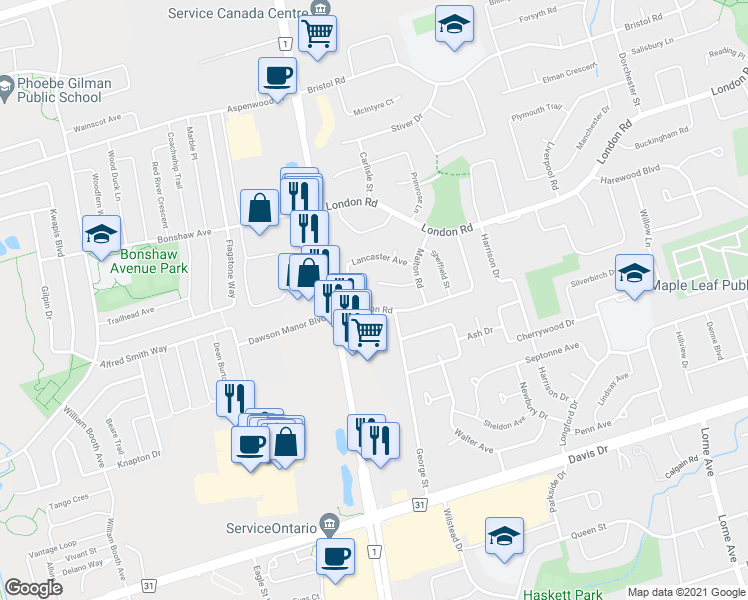 map of restaurants, bars, coffee shops, grocery stores, and more near 31 Kingston Road in Newmarket
