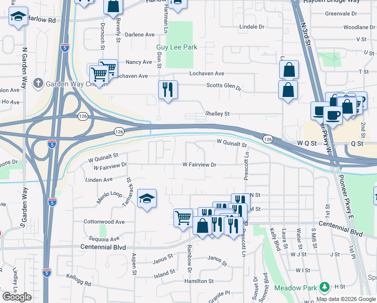 map of restaurants, bars, coffee shops, grocery stores, and more near 1735 Rainbow Drive in Springfield