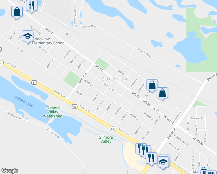 map of restaurants, bars, coffee shops, grocery stores, and more near 700 41st Avenue in Goodview