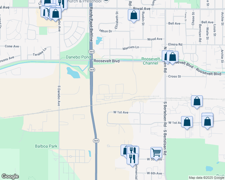 map of restaurants, bars, coffee shops, grocery stores, and more near 4200 Roosevelt Boulevard in Eugene