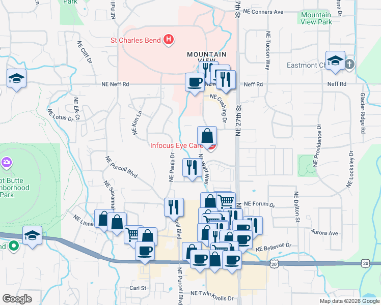 map of restaurants, bars, coffee shops, grocery stores, and more near 1099 Northeast Watt Way in Bend