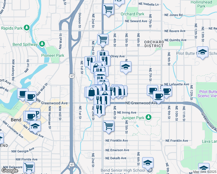 map of restaurants, bars, coffee shops, grocery stores, and more near 325 Northeast Kearney Avenue in Bend