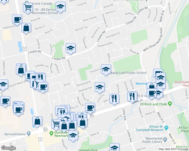 map of restaurants, bars, coffee shops, grocery stores, and more near 122 Longford Drive in Newmarket
