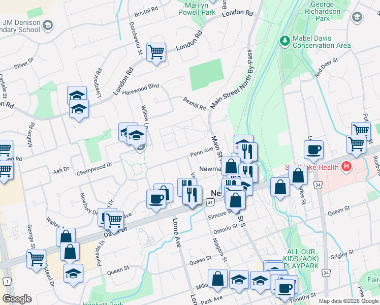 map of restaurants, bars, coffee shops, grocery stores, and more near 363 Penn Avenue in Newmarket
